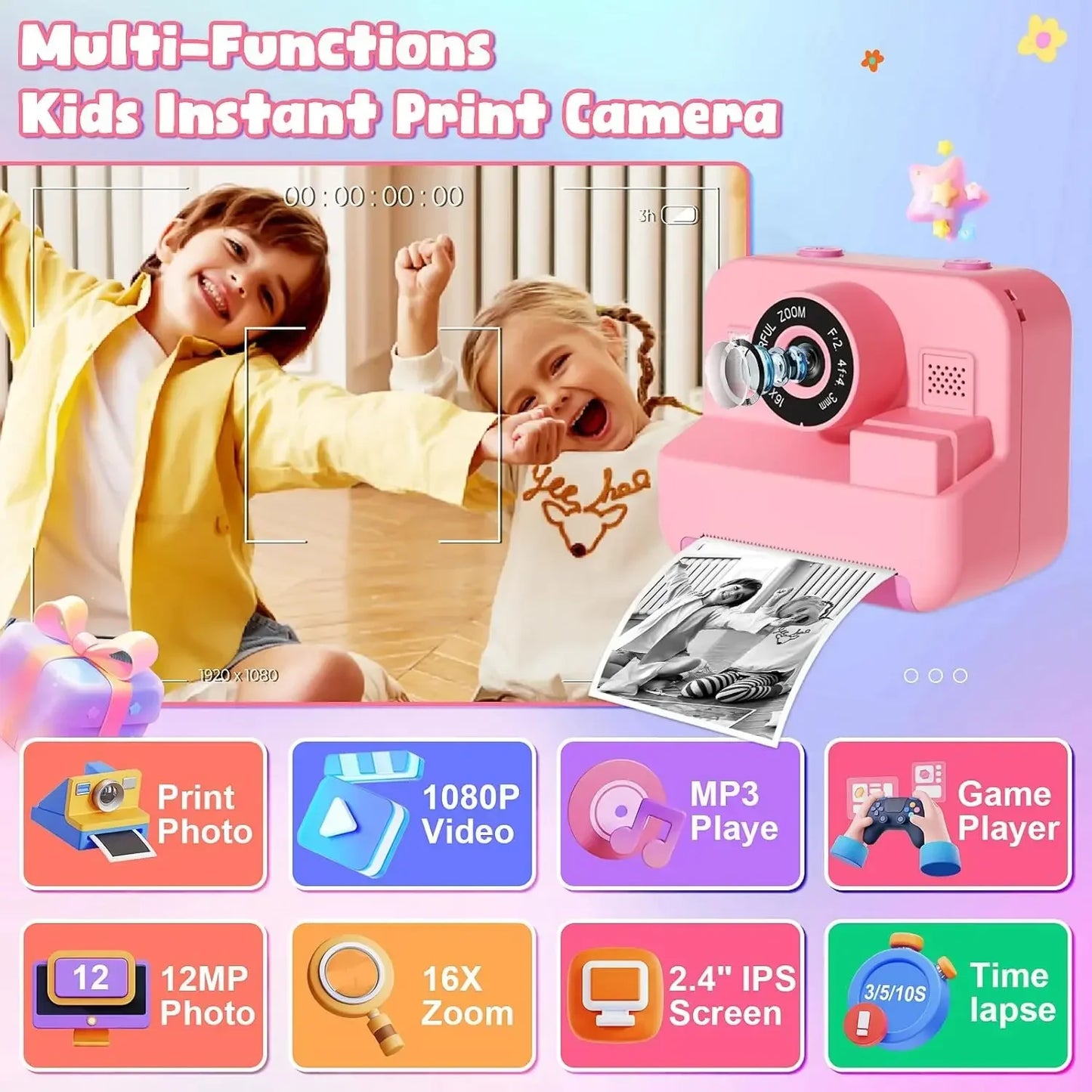 Digital Children Instant Print Camera,  Video Recording, with 32G Card and Thermal Printing, Kids Educational Toy Gift