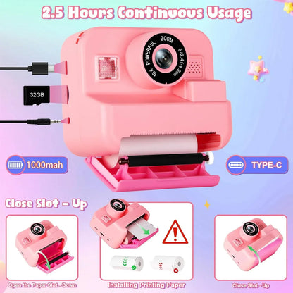 Digital Children Instant Print Camera,  Video Recording, with 32G Card and Thermal Printing, Kids Educational Toy Gift