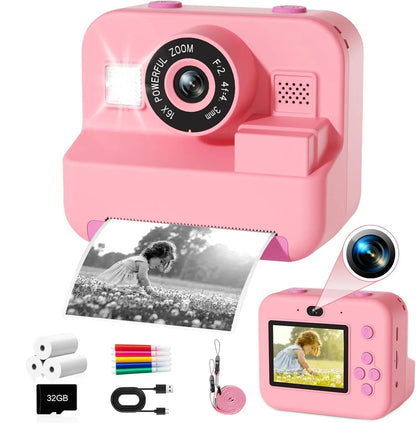 Digital Children Instant Print Camera,  Video Recording, with 32G Card and Thermal Printing, Kids Educational Toy Gift